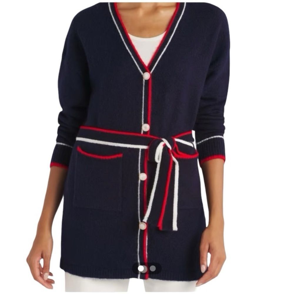 Vigoss Gold Pearl Button Up Tie Waist Long Sweater Cardigan Patriotic 4th July